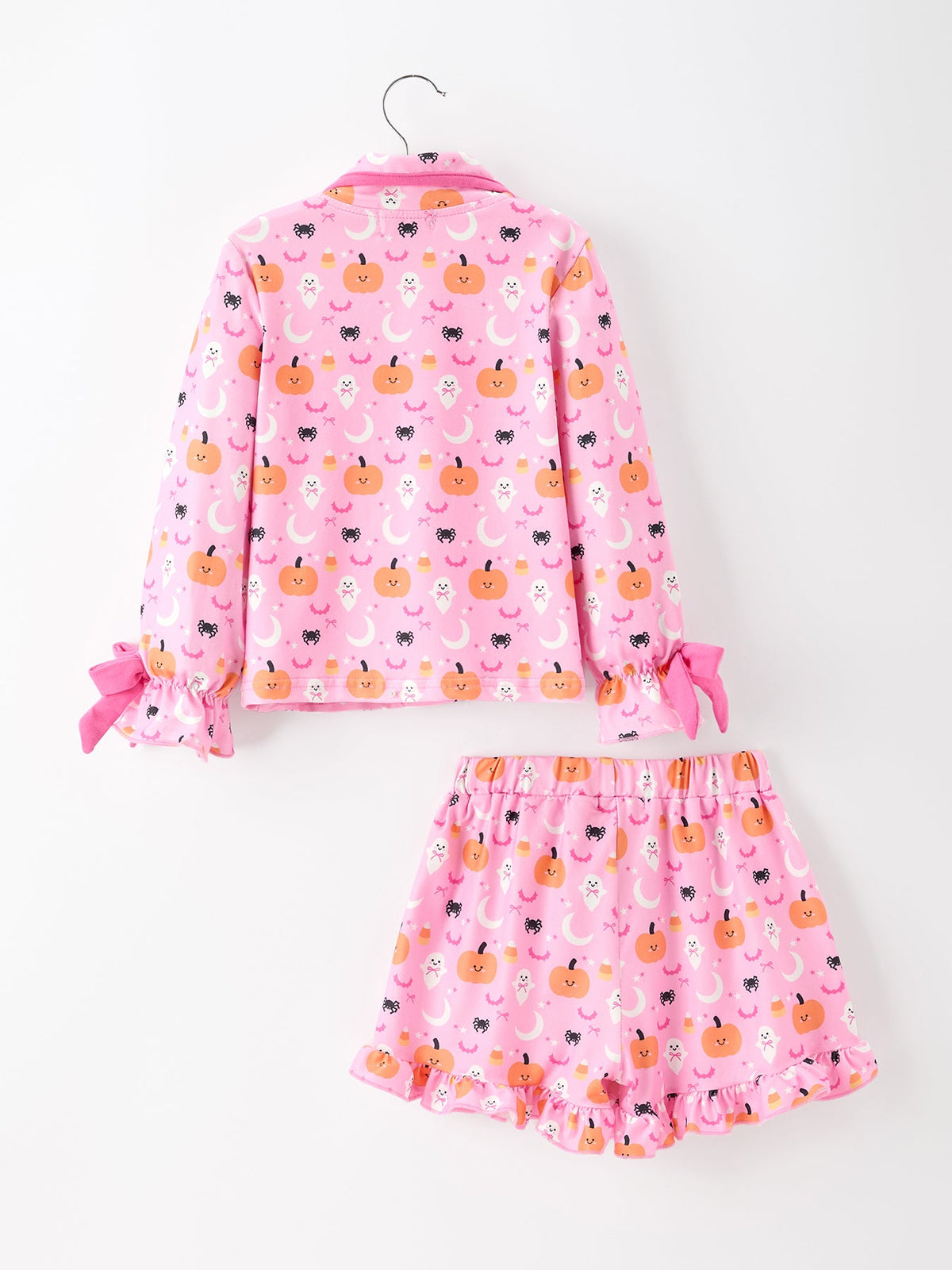 Halloween Pumpkin Ghost Print Girls Pajama Set Long Sleeve Top and Shorts by Rylee Faith Designs