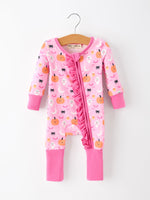 Halloween Pumpkin Ghost Print Baby Girl Pajamas Ruffle Zipper Romper by Rylee Faith Designs