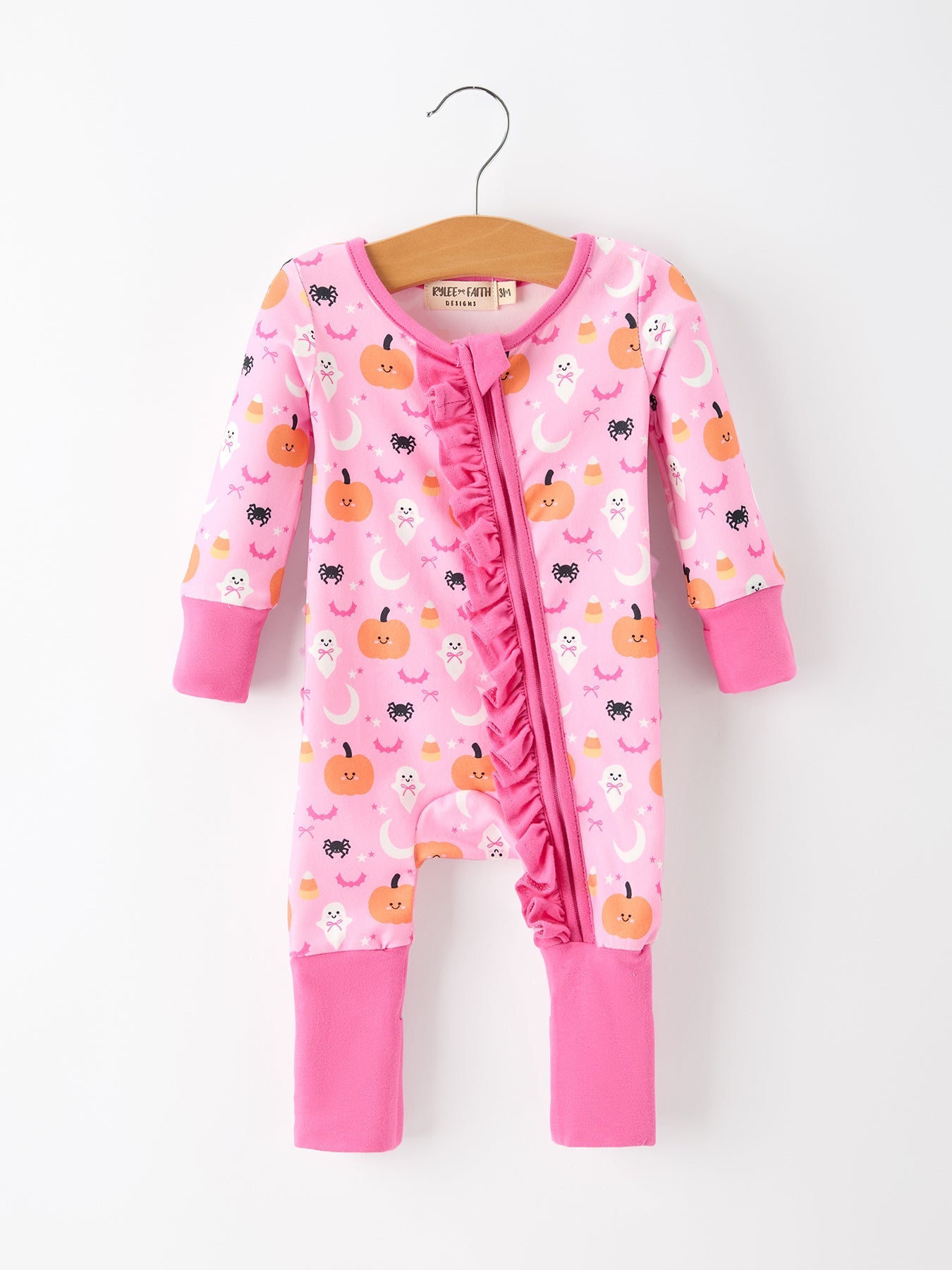 Pink long sleeve baby footie romper with pumpkin, ghost and bat print, ruffle trim and front zipper