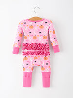 Halloween Pumpkin Ghost Print Baby Girl Pajamas Ruffle Zipper Romper by Rylee Faith Designs