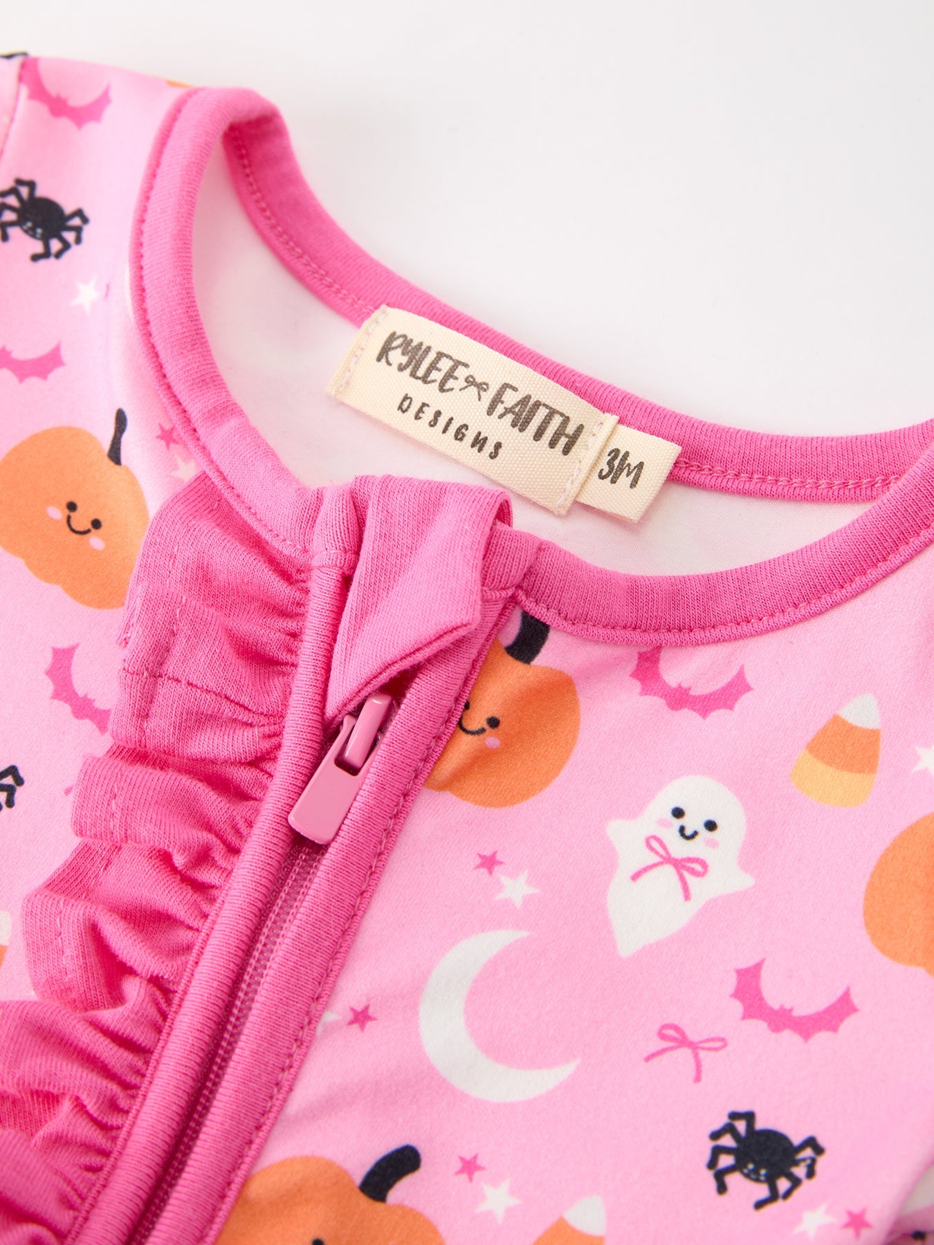 Halloween Pumpkin Ghost Print Baby Girl Pajamas Ruffle Zipper Romper by Rylee Faith Designs