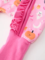 Halloween Pumpkin Ghost Print Baby Girl Pajamas Ruffle Zipper Romper by Rylee Faith Designs