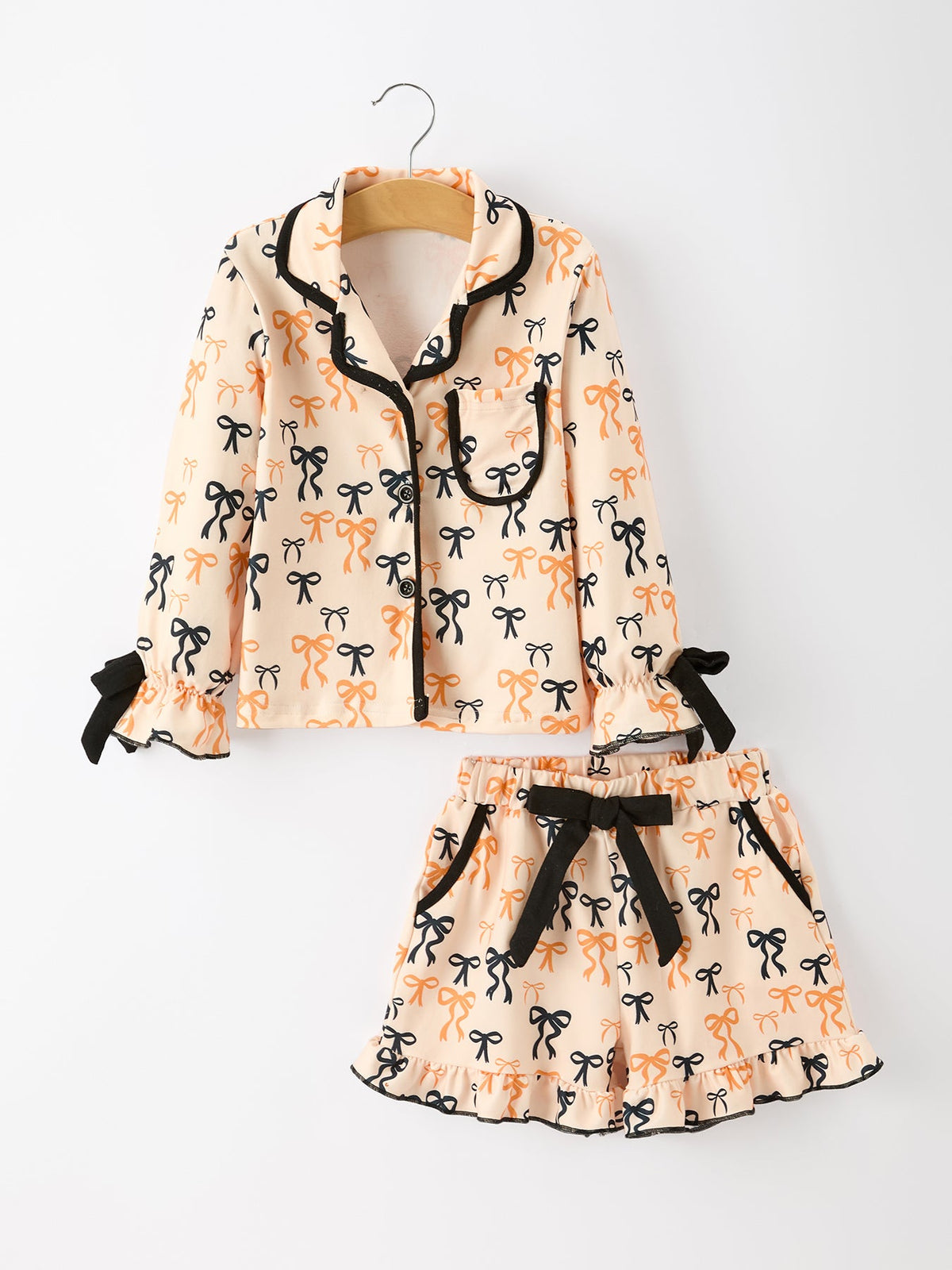 Halloween Bow Print Girls Pajama Set Long Sleeve Top and Shorts by Rylee Faith Designs