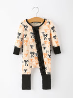 Halloween Bow Print Baby Girl Pajamas Ruffle Zipper Romper by Rylee Faith Designs