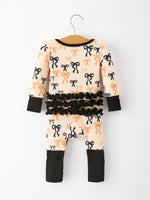 Halloween Bow Print Baby Girl Pajamas Ruffle Zipper Romper by Rylee Faith Designs