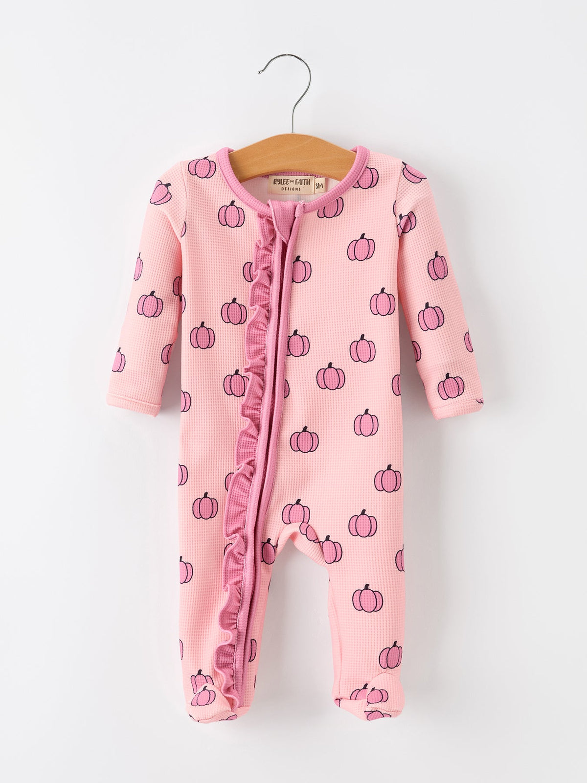 Fall Thanksgiving Pink Pumpkin Ruffle Zip Sleeper Waffle Jumpsuit by Rylee Faith Designs