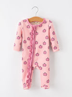 Fall Thanksgiving Pink Pumpkin Ruffle Zip Sleeper Waffle Jumpsuit by Rylee Faith Designs
