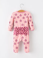 Fall Thanksgiving Pink Pumpkin Ruffle Zip Sleeper Waffle Jumpsuit by Rylee Faith Designs