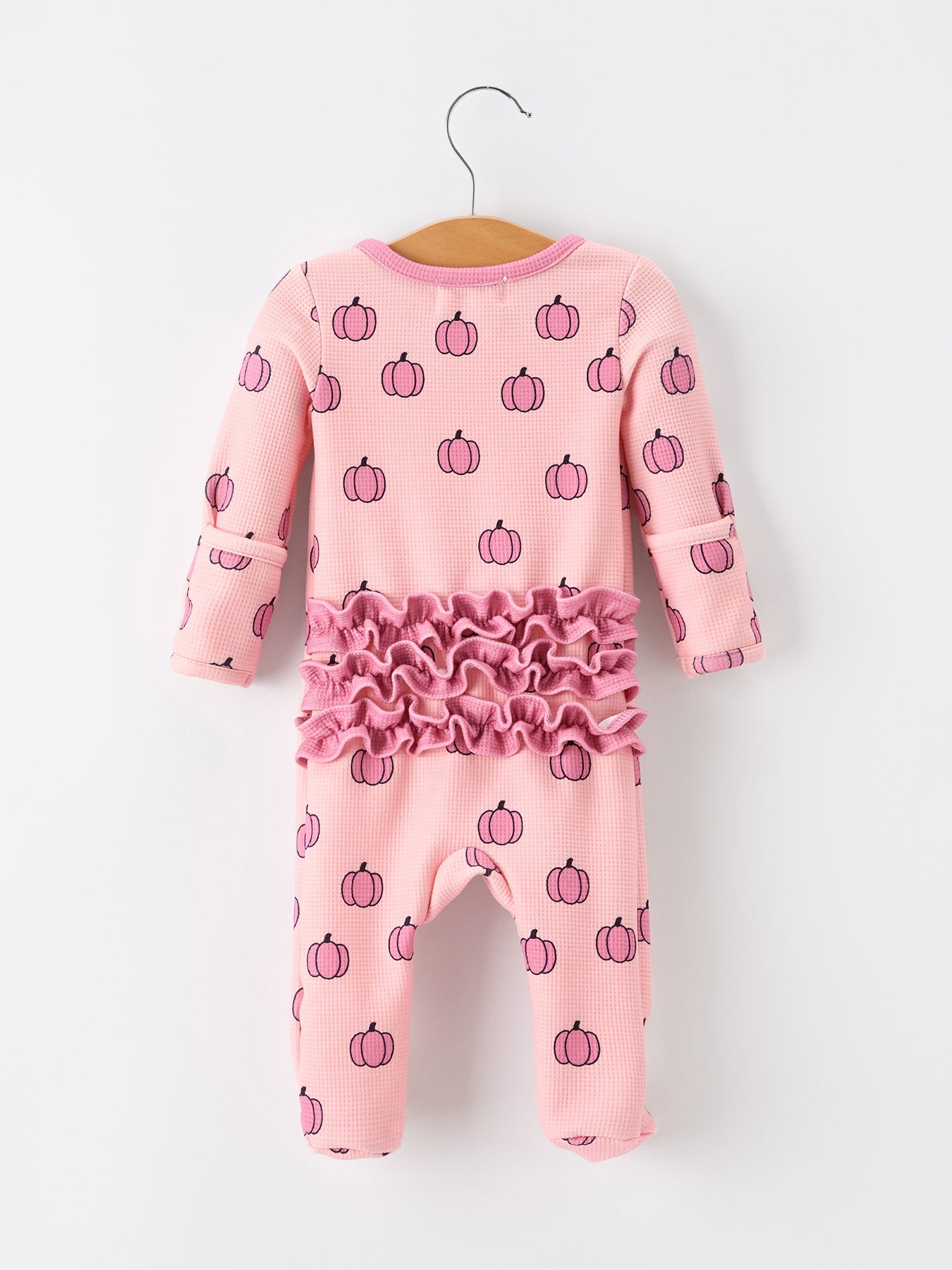 Fall Thanksgiving Pink Pumpkin Ruffle Zip Sleeper Waffle Jumpsuit
