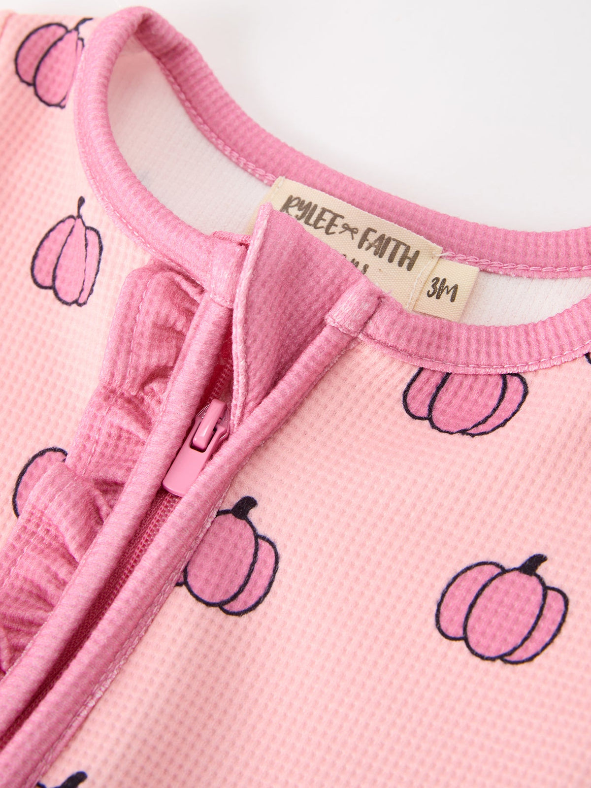 Fall Thanksgiving Pink Pumpkin Ruffle Zip Sleeper Waffle Jumpsuit by Rylee Faith Designs
