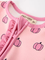 Fall Thanksgiving Pink Pumpkin Ruffle Zip Sleeper Waffle Jumpsuit by Rylee Faith Designs