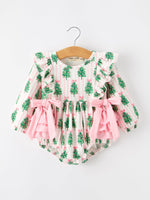 Christmas Tree Print Ruffle Bow Baby Girl Bubble Romper by Rylee Faith Designs