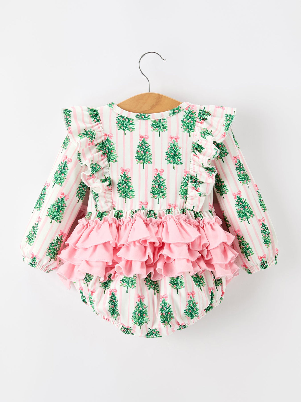 Christmas Tree Print Ruffle Bow Baby Girl Bubble Romper by Rylee Faith Designs