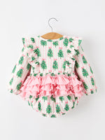 Christmas Tree Print Ruffle Bow Baby Girl Bubble Romper by Rylee Faith Designs