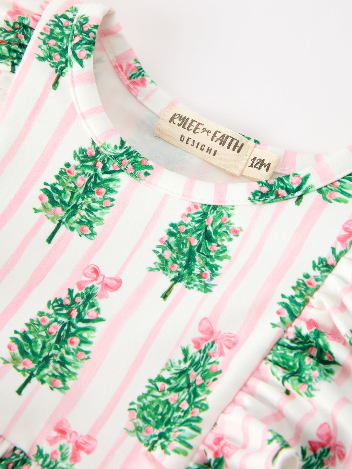 Christmas Tree Print Ruffle Bow Baby Girl Bubble Romper by Rylee Faith Designs