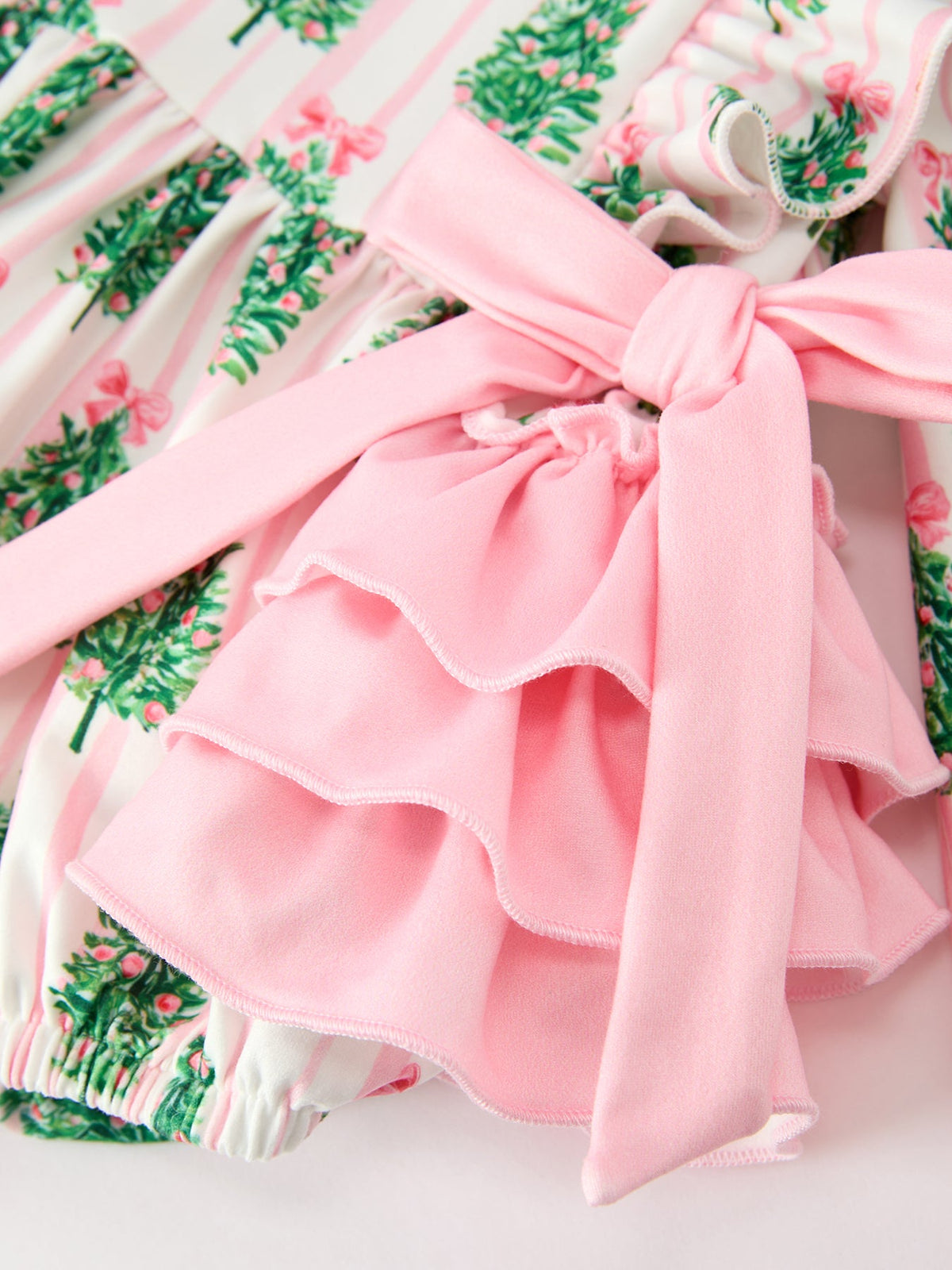 Christmas Tree Print Ruffle Bow Baby Girl Bubble Romper by Rylee Faith Designs