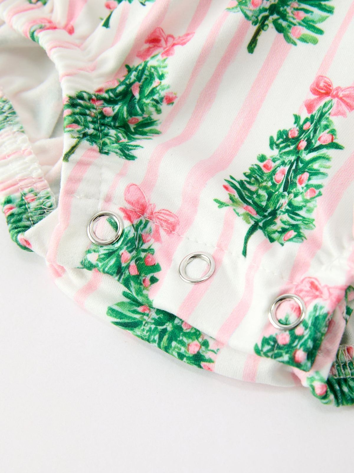 Christmas Tree Print Ruffle Bow Baby Girl Bubble Romper by Rylee Faith Designs