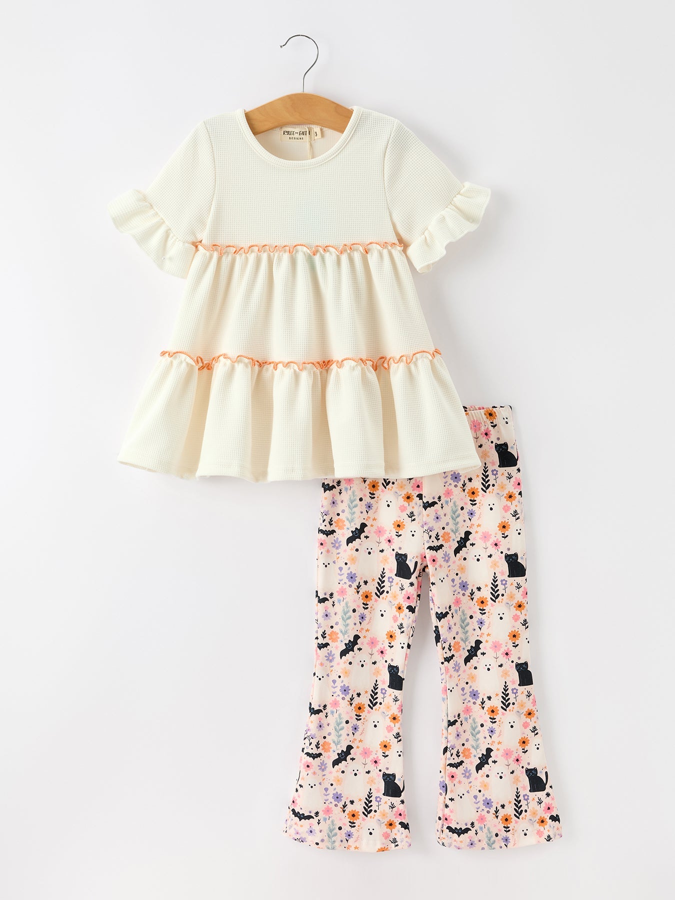 Girls two-piece Halloween set with ruffle tiered top and black cat print bell bottom pants