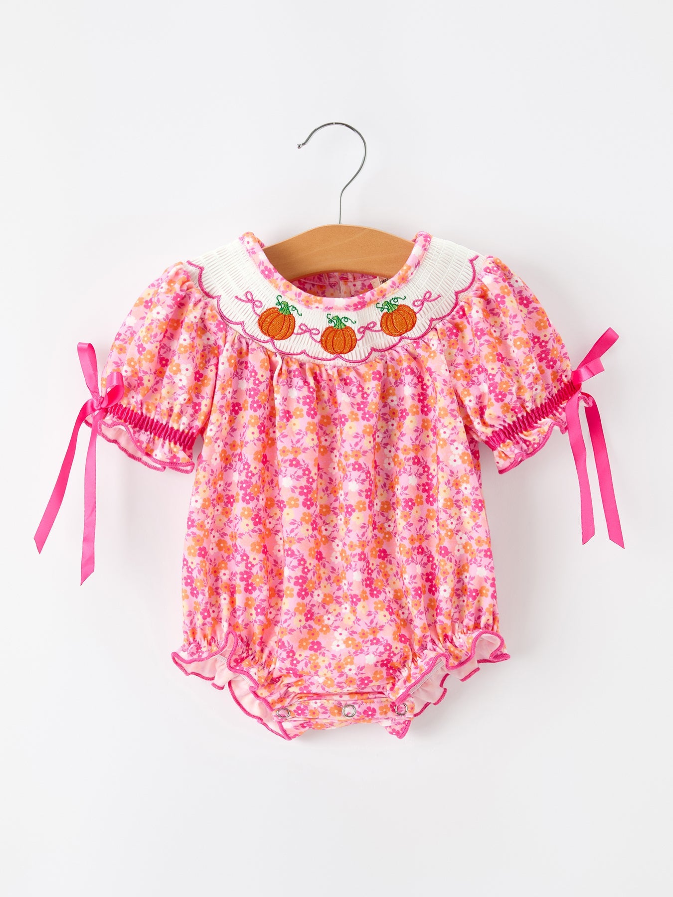 Girls Polyester Spandex Bubble Romper, Floral Smocked, Halloween &