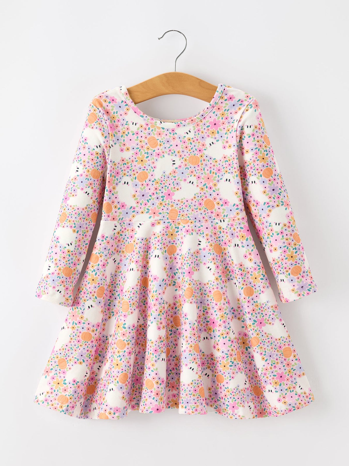Halloween Ghost Print Girls Twirl Dress Long Sleeve by Rylee Faith Designs