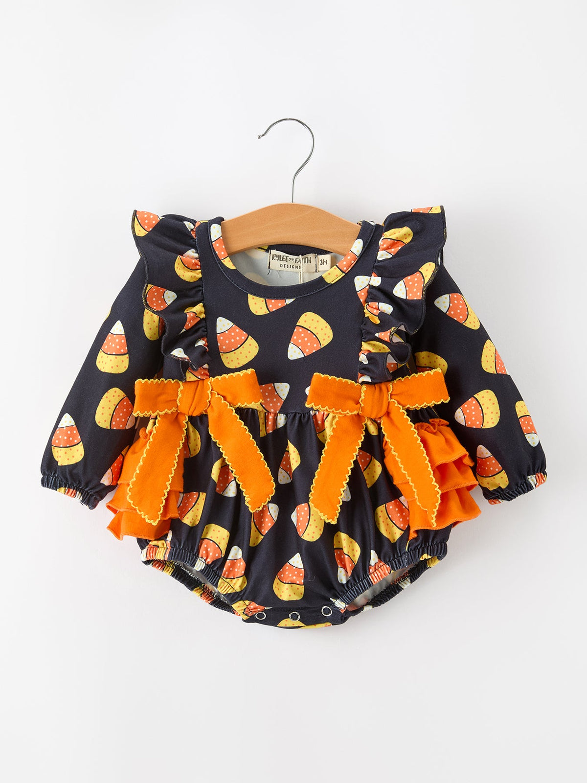Halloween Candy Corn Baby Girl Bubble Romper Ruffle by Rylee Faith Designs