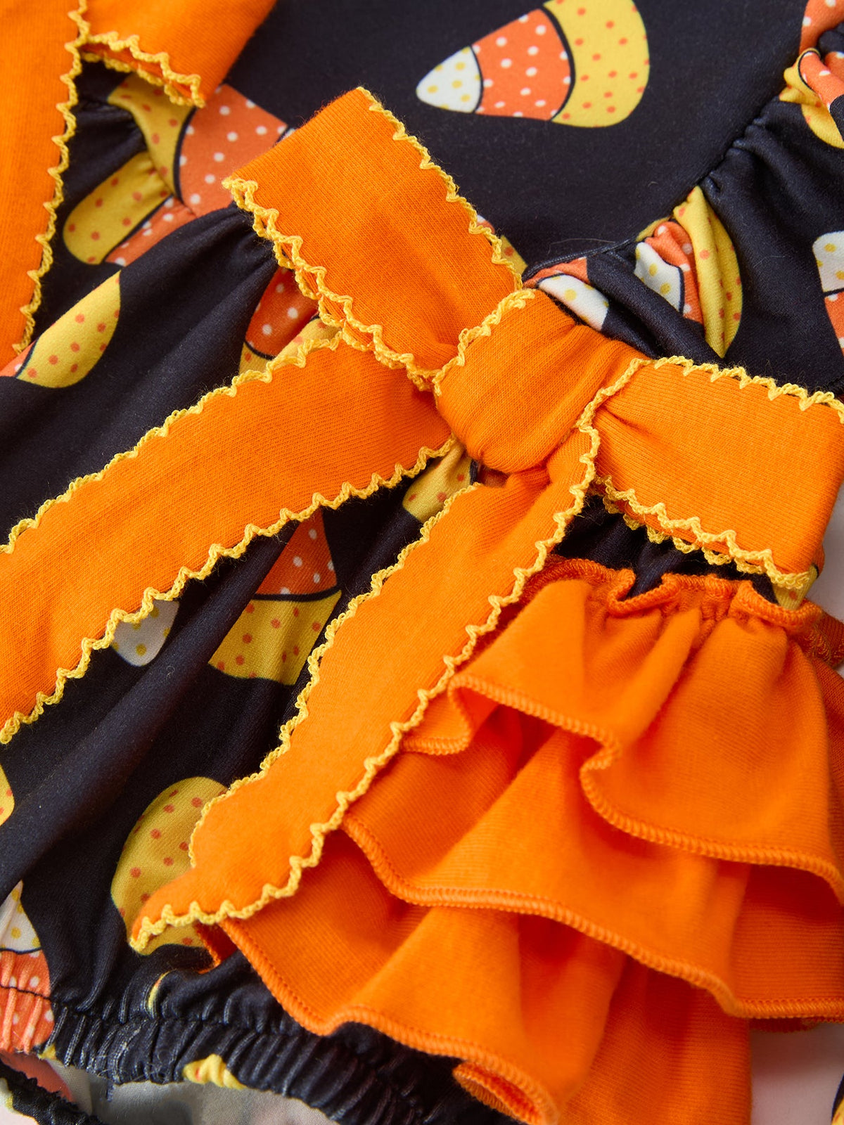 Halloween Candy Corn Baby Girl Bubble Romper Ruffle by Rylee Faith Designs
