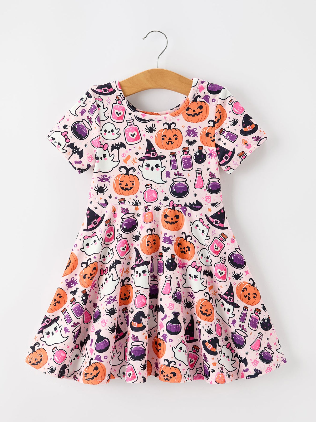 Halloween Pumpkin Ghost Print Girls Twirl Dress Short Sleeve by Rylee Faith Designs