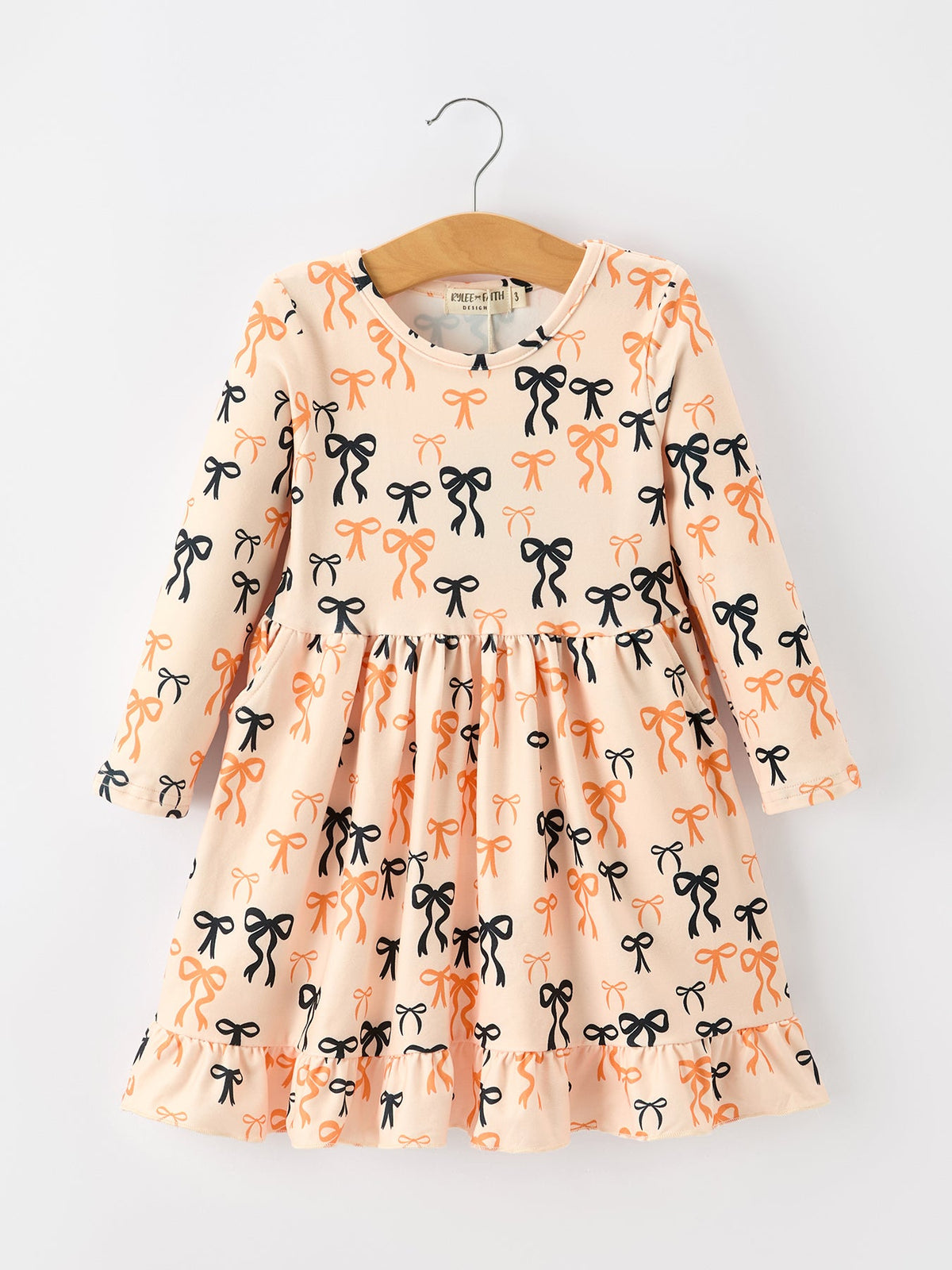 Halloween Bow Print Girls Twirl Dress Long Sleeve with Pockets by Rylee Faith Designs
