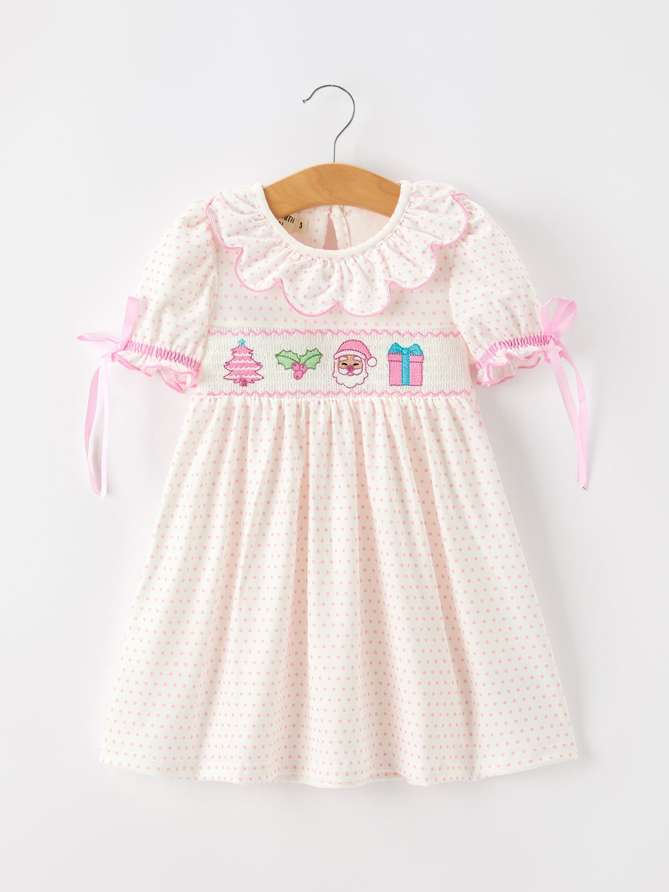 Girls Christmas dress with smocked bodice, holiday embroidery, scalloped ruffle collar, puff sleeves and flowy skirt