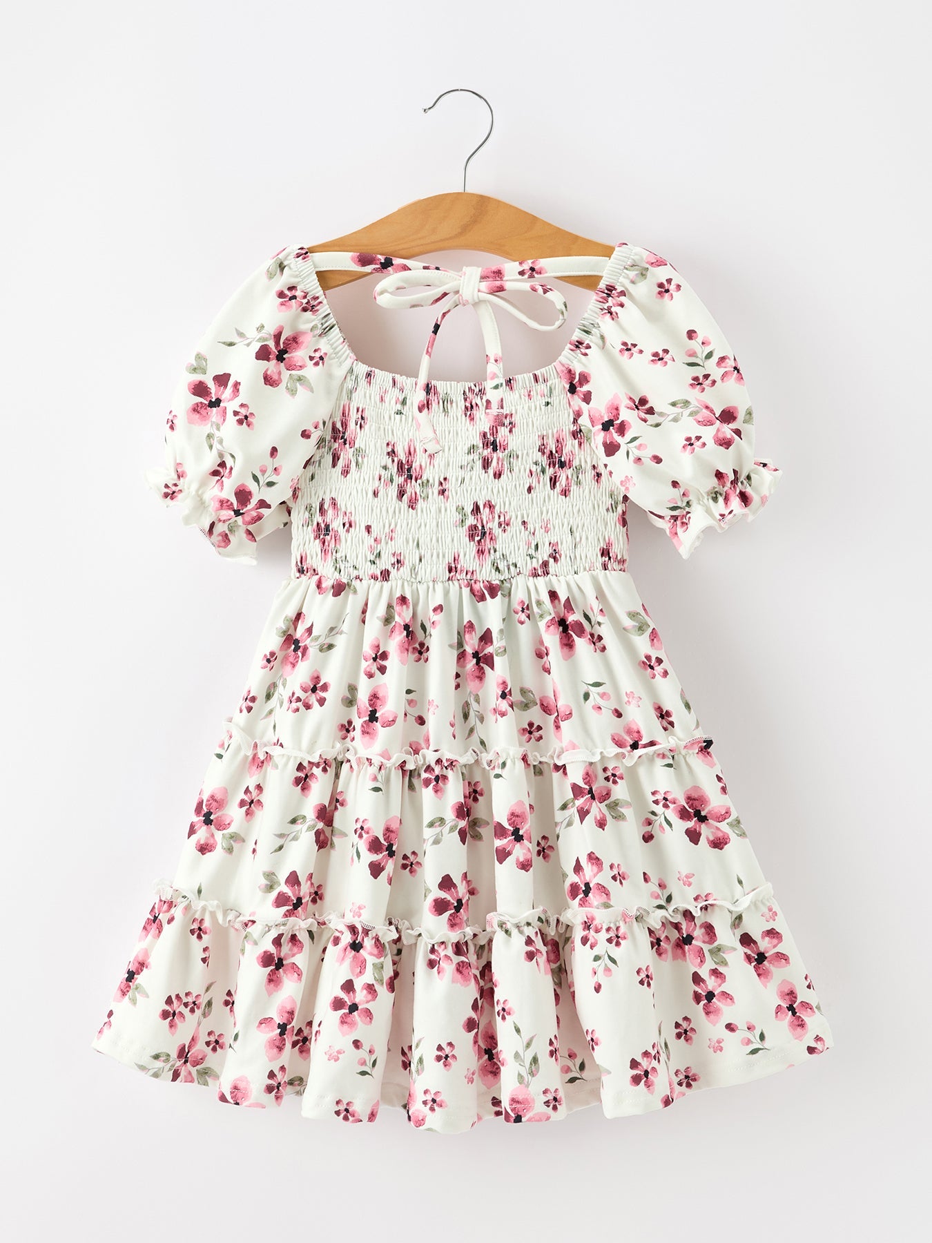 Polyester Spandex Girls Dress, Floral Ruffle, Puff Sleeve