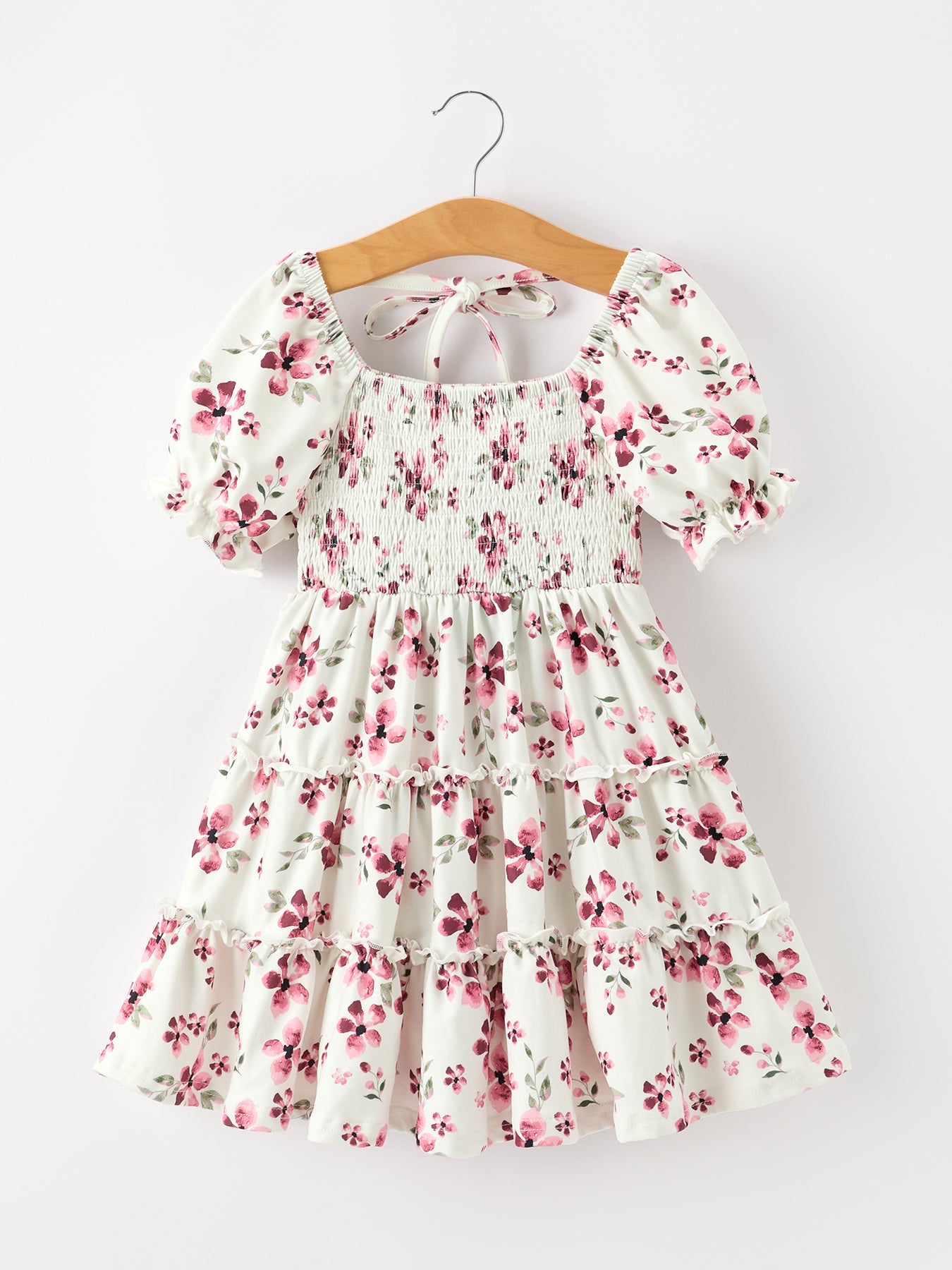 Polyester Spandex Girls Dress, Floral Ruffle, Puff Sleeve