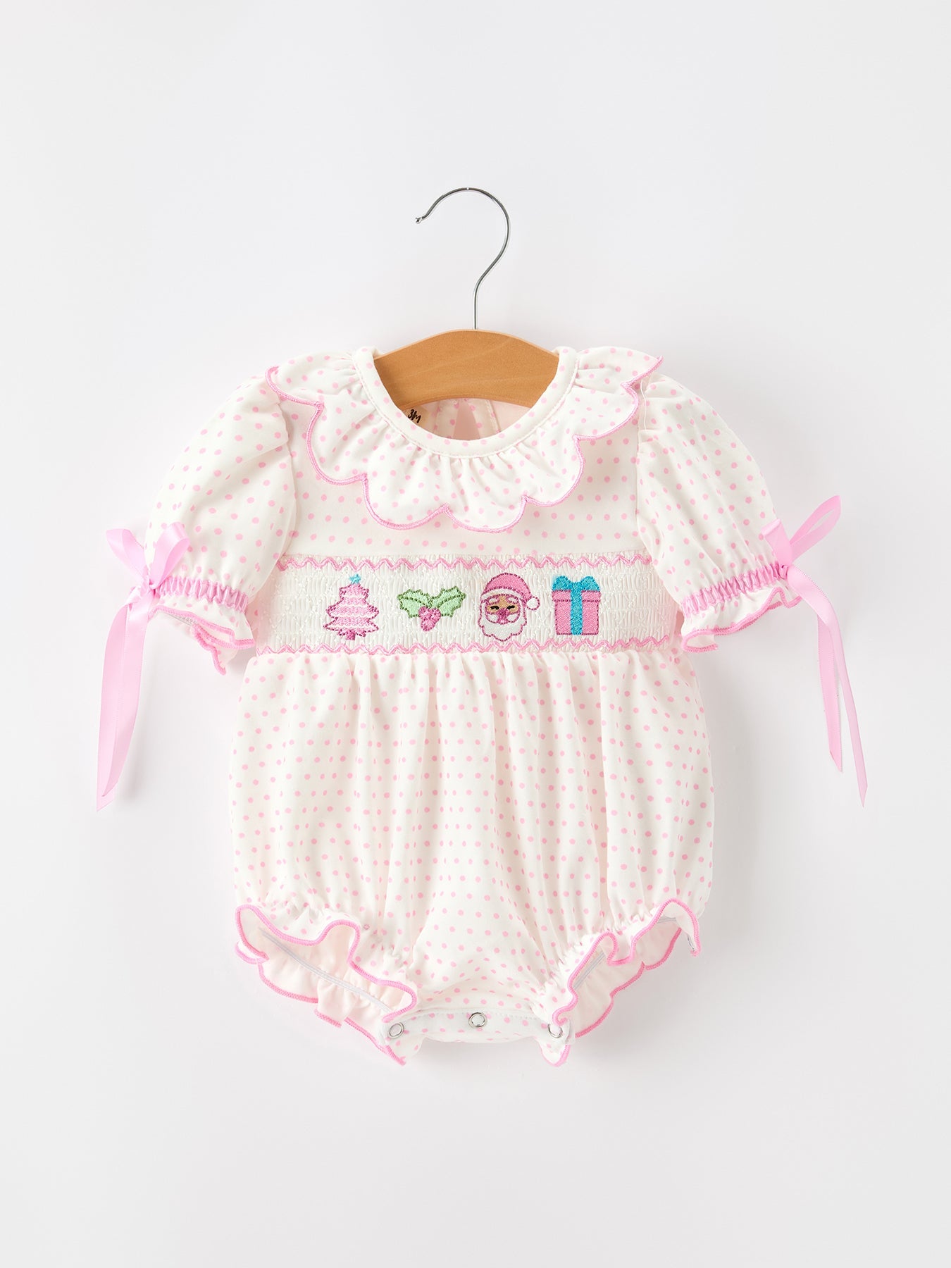 Baby girl Christmas bubble romper with smocked bodice, holiday embroidery, scalloped ruffle collar and puff sleeves