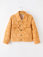 Fall Girls Pumpkin Print Bow Denim Jacket by Rylee Faith Designs