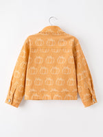 Fall Girls Pumpkin Print Bow Denim Jacket by Rylee Faith Designs