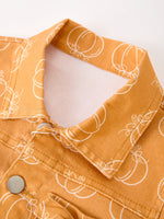 Fall Girls Pumpkin Print Bow Denim Jacket by Rylee Faith Designs