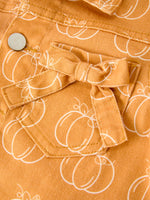 Fall Girls Pumpkin Print Bow Denim Jacket by Rylee Faith Designs