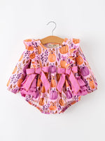 Halloween Thanksgiving Pumpkin Girls Romper with Ruffle Bow by Rylee Faith Designs