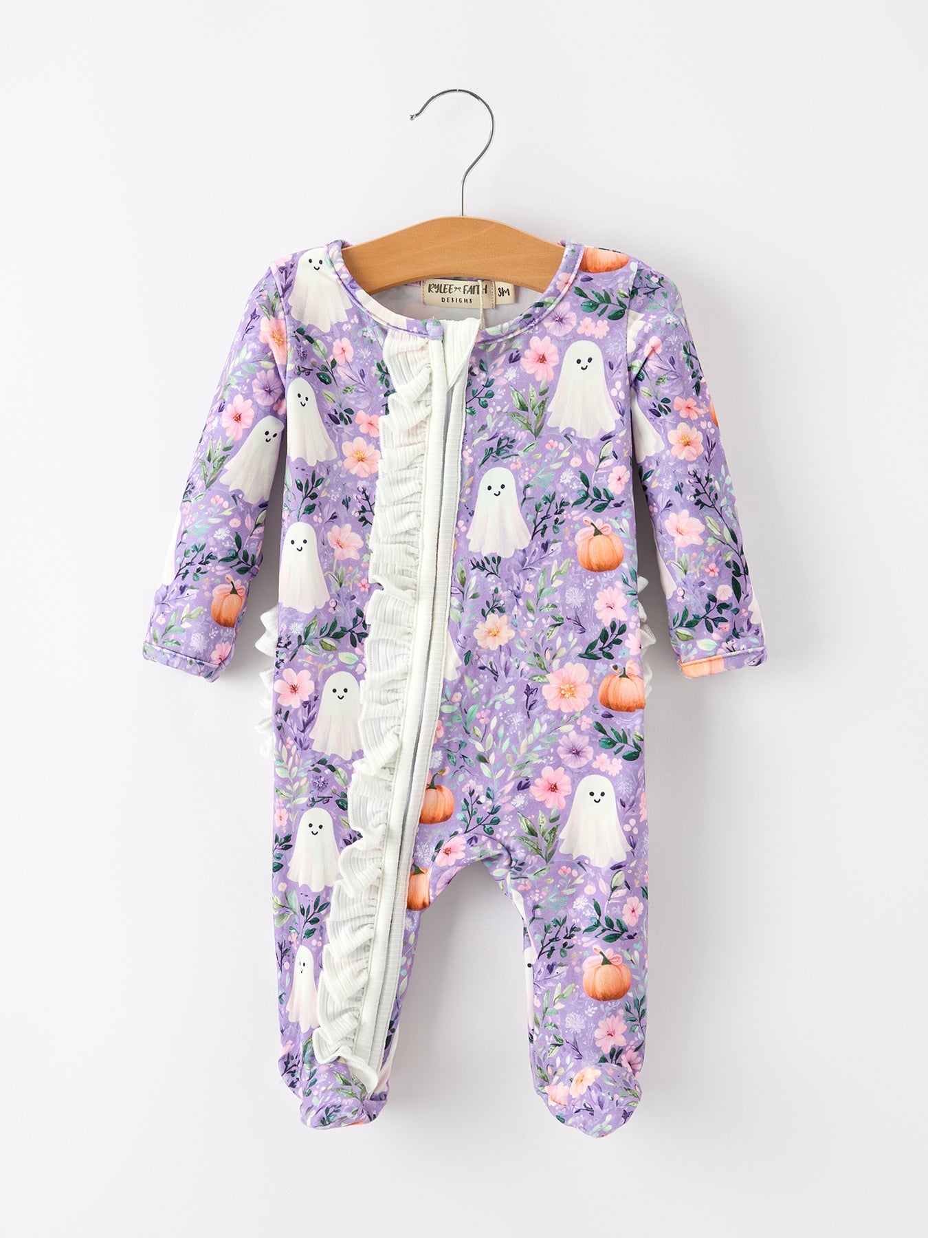 Polyester Spandex Girls Footed Romper, Ghost Pumpkin Print