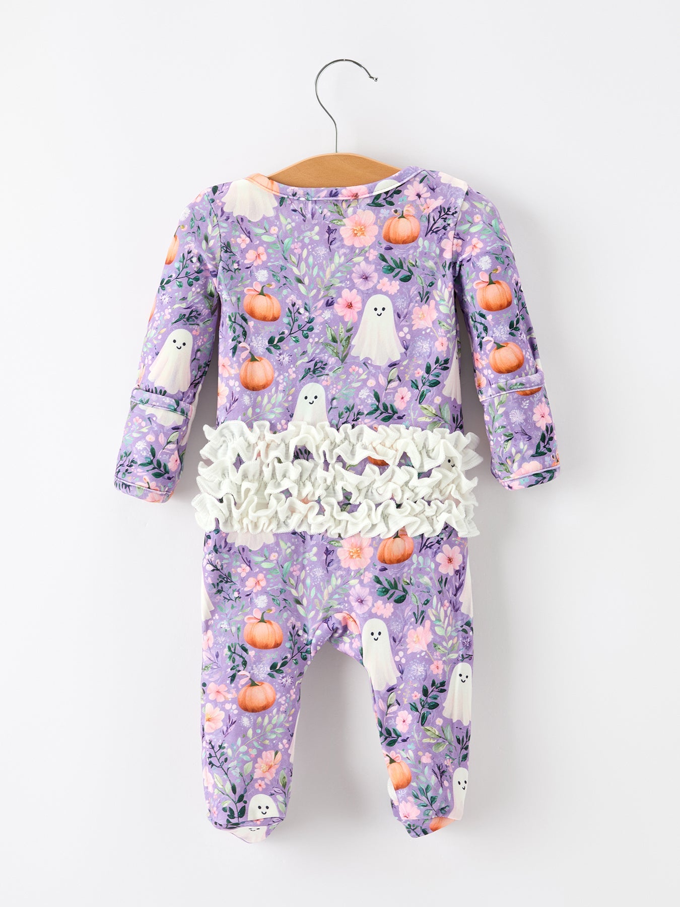 Polyester Spandex Girls Footed Romper, Ghost Pumpkin Print