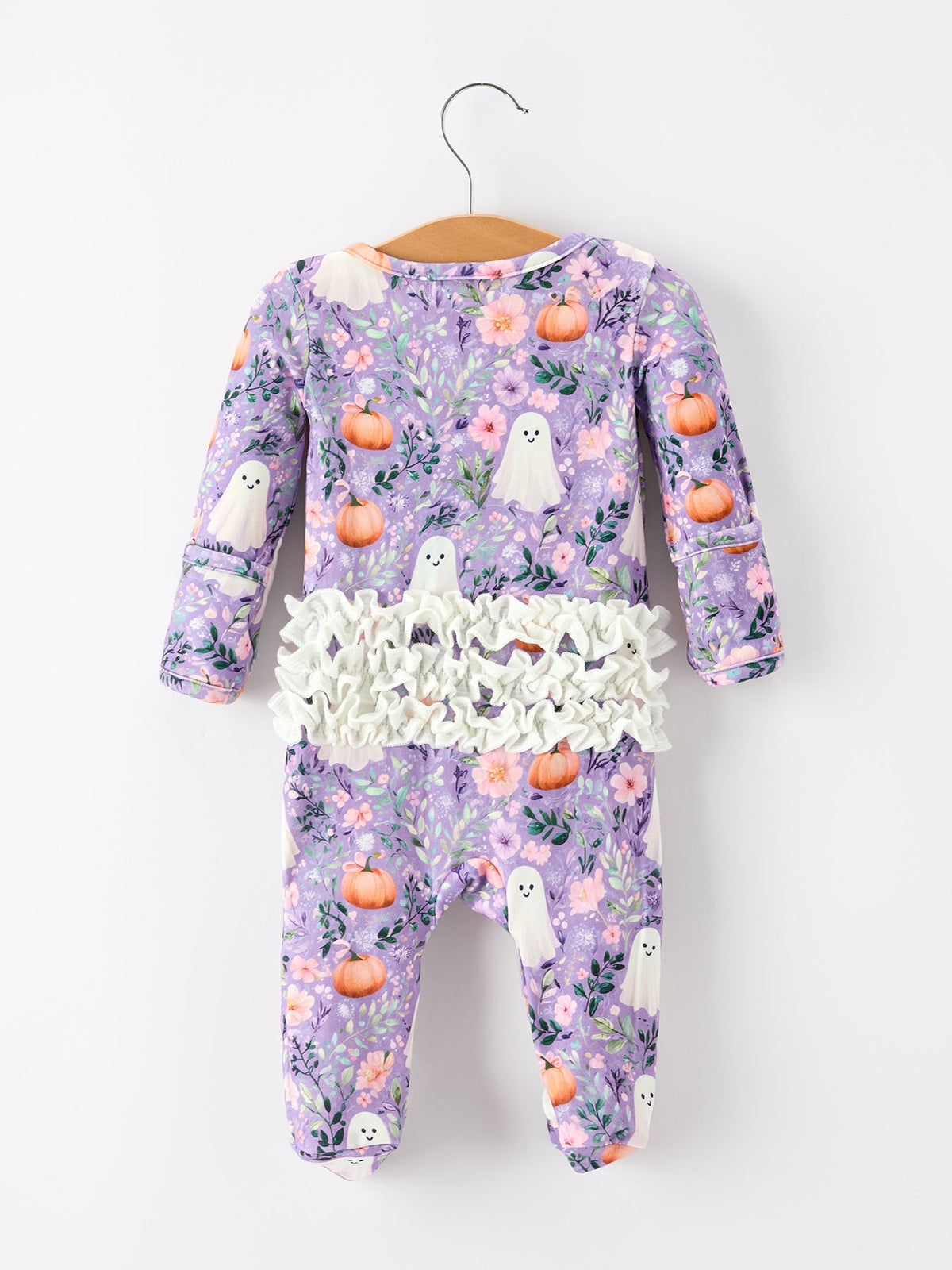Polyester Spandex Girls Footed Romper, Ghost Pumpkin Print by Rylee Faith Designs