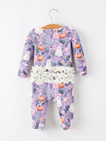 Polyester Spandex Girls Footed Romper, Ghost Pumpkin Print by Rylee Faith Designs