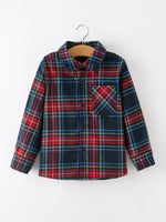 Boys long sleeve button down shirt in red and navy plaid with a chest pocket
