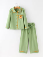 Fall Green Kids Pajamas Set Pumpkin Embroidery Button Sleepwear by Rylee Faith Designs