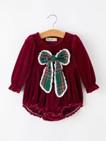 Baby Girls Christmas Burgundy Velvet Plaid Bow Romper by Rylee Faith Designs