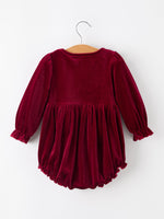 Baby Girls Christmas Burgundy Velvet Plaid Bow Romper by Rylee Faith Designs