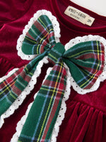 Baby Girls Christmas Burgundy Velvet Plaid Bow Romper by Rylee Faith Designs