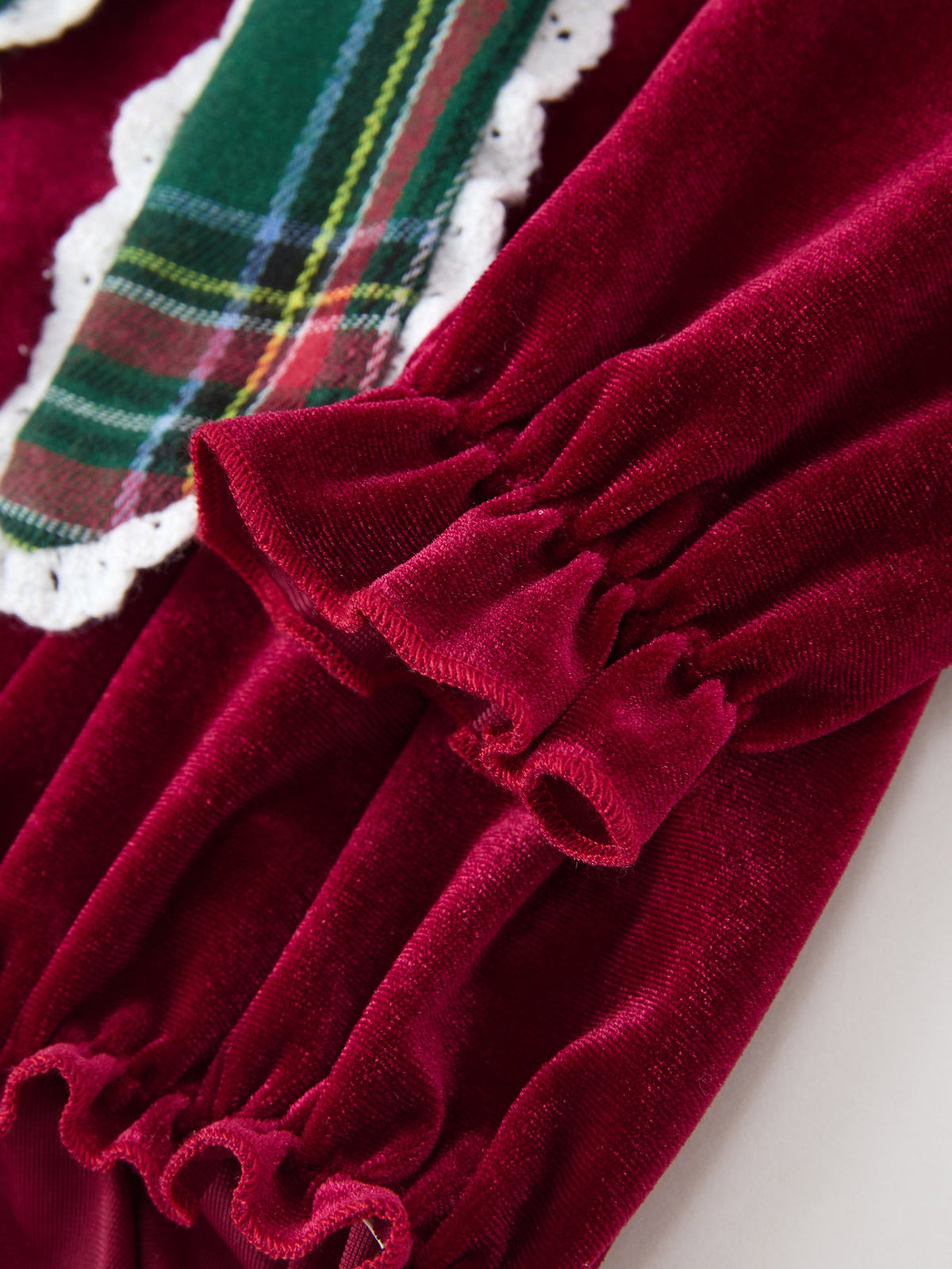 Baby Girls Christmas Burgundy Velvet Plaid Bow Romper by Rylee Faith Designs