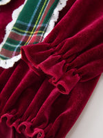 Baby Girls Christmas Burgundy Velvet Plaid Bow Romper by Rylee Faith Designs