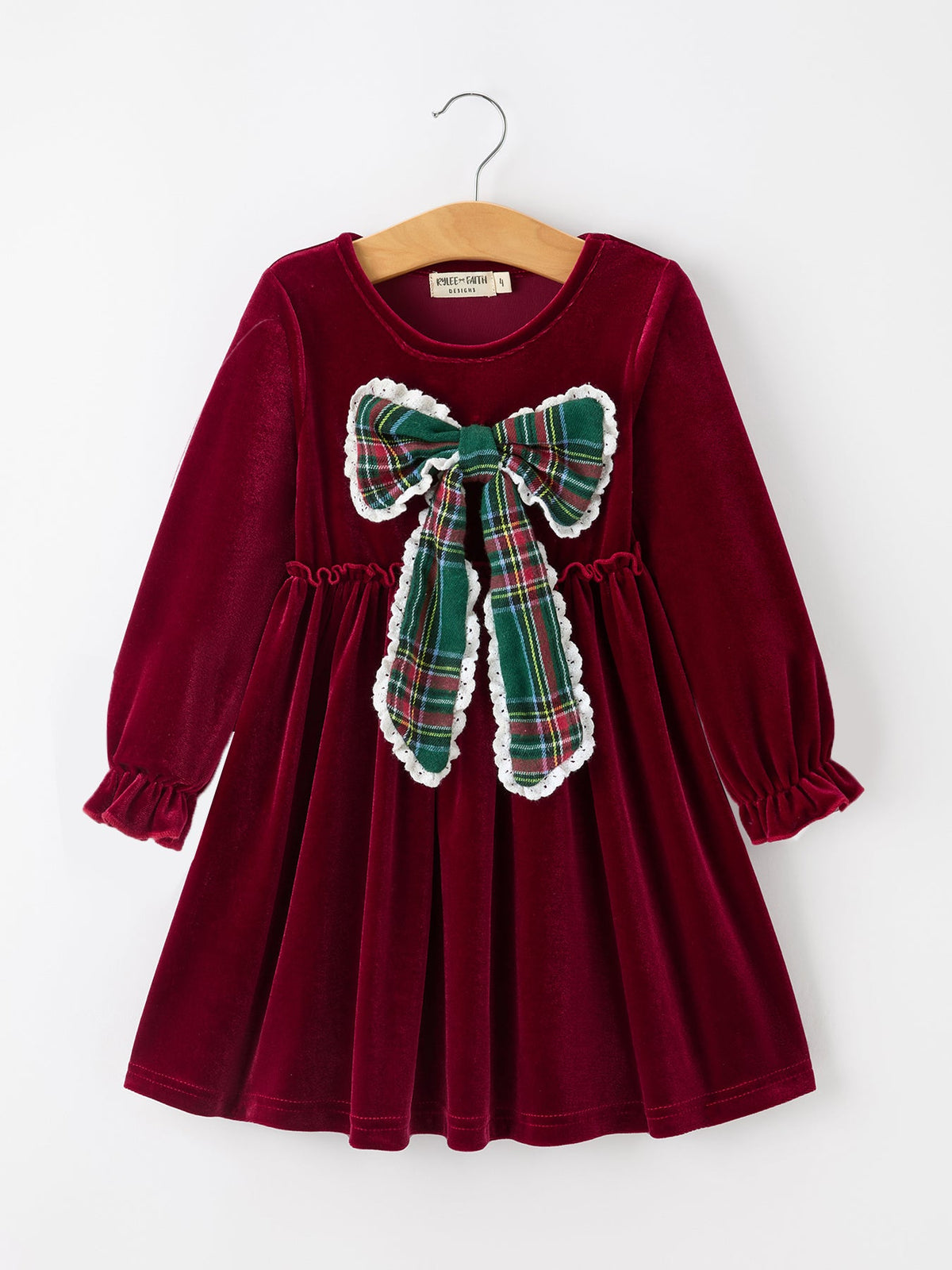 Girls Christmas Burgundy Velvet Plaid Bow Dress by Rylee Faith Designs