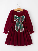 Girls Christmas Burgundy Velvet Plaid Bow Dress by Rylee Faith Designs